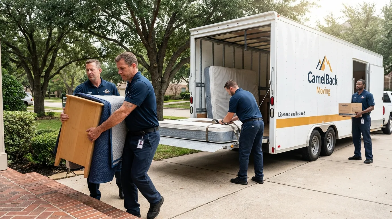 Crew loading residential truck for cross-state move from Chickasha, OK