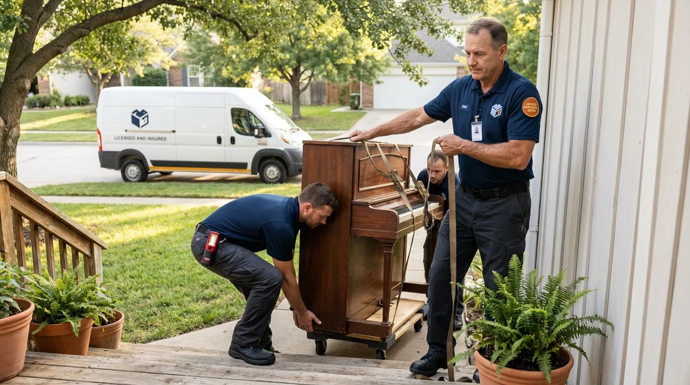 Licensed piano movers securing grand piano in Chickasha, OK