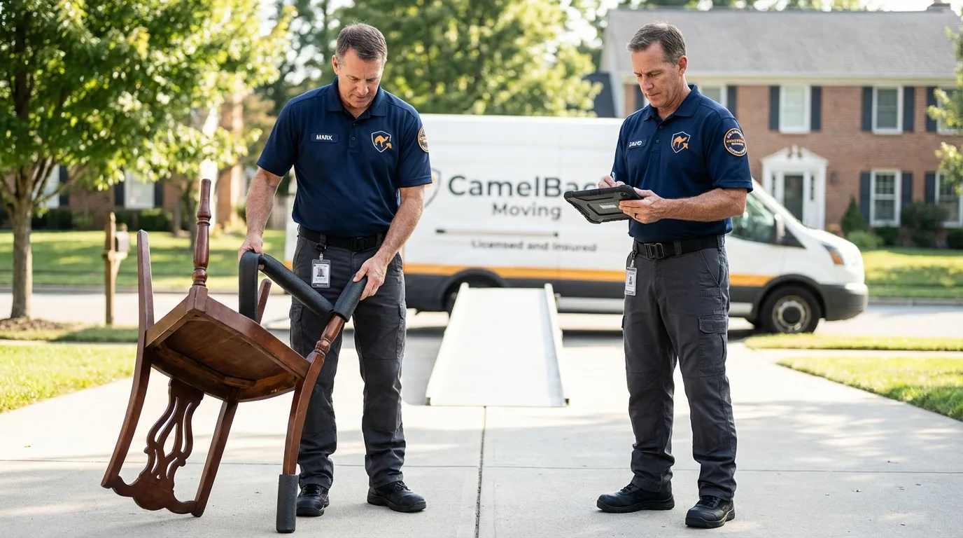 Movers inspecting furniture for damage prevention before loading in Chickasha, OK