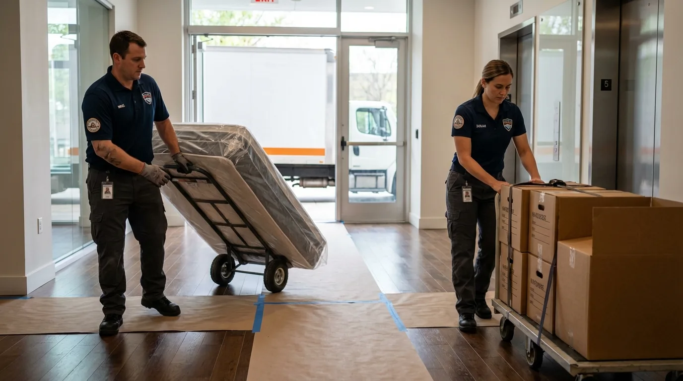 Professional apartment movers loading elevator in Chickasha, OK